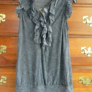 The Limited Tonal Gray Paisley Sleeveless Blouse w/ Center Front Ruffle Sz Small